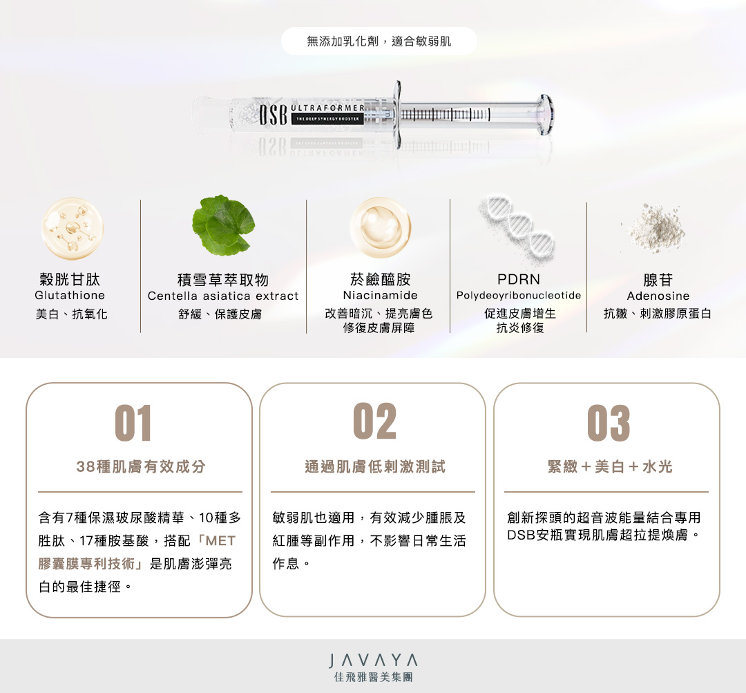 升級2：DSB精華導入技術，拉提同時養膚可幫助肌膚修復及細胞活化，改善膚色暗沉、膚色不均、提升彈性。 療程可搭配海芙音波媚必提DSB保濕透亮精華，能幫助細胞吸收更多穀胱甘肽及更多活潤緊緻的營養成分 DSB保濕透亮精華運用全球首創的「MET膠囊膜專利技術」，將所有精華包裹在專利薄膜內，以維持每種成份的穩定性及最佳功效。 